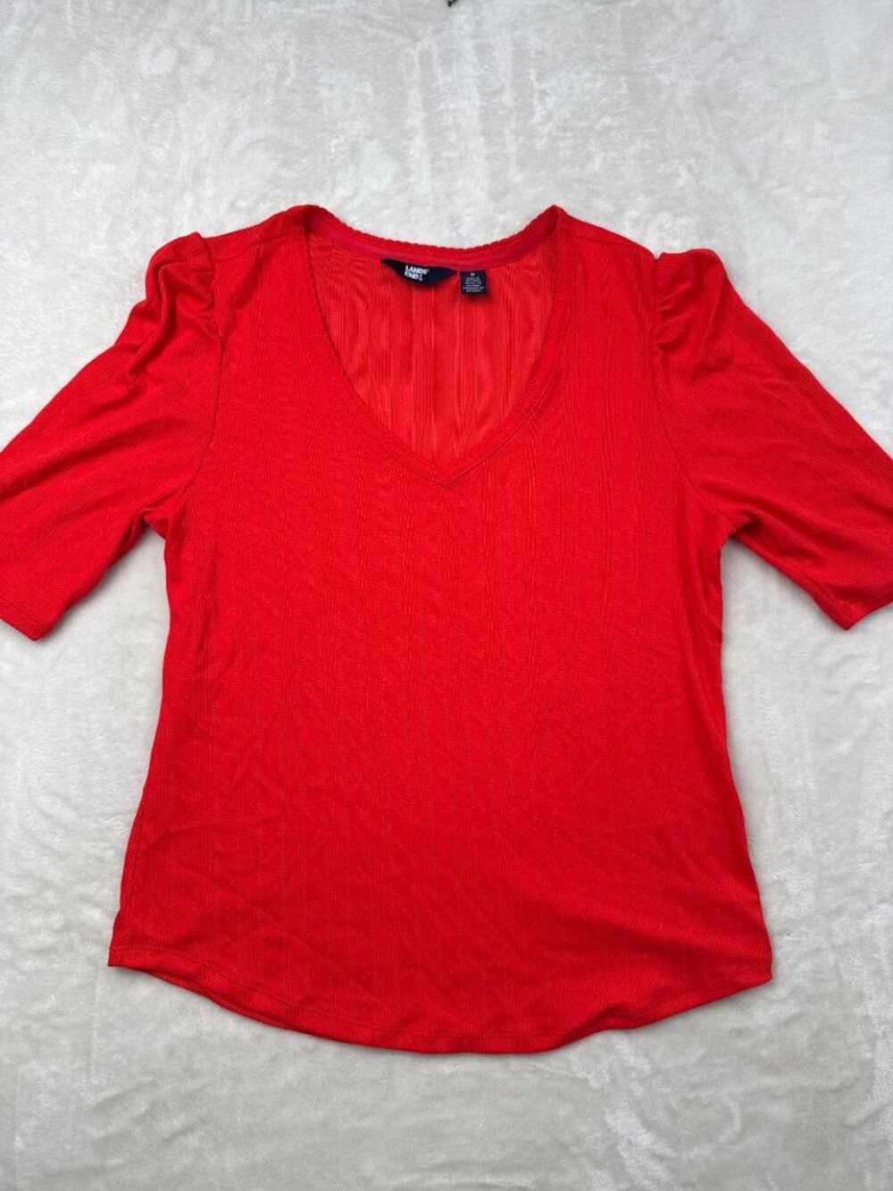 Lands End Womens Red V-Neck Puff Sleeve Knit Top Size S
